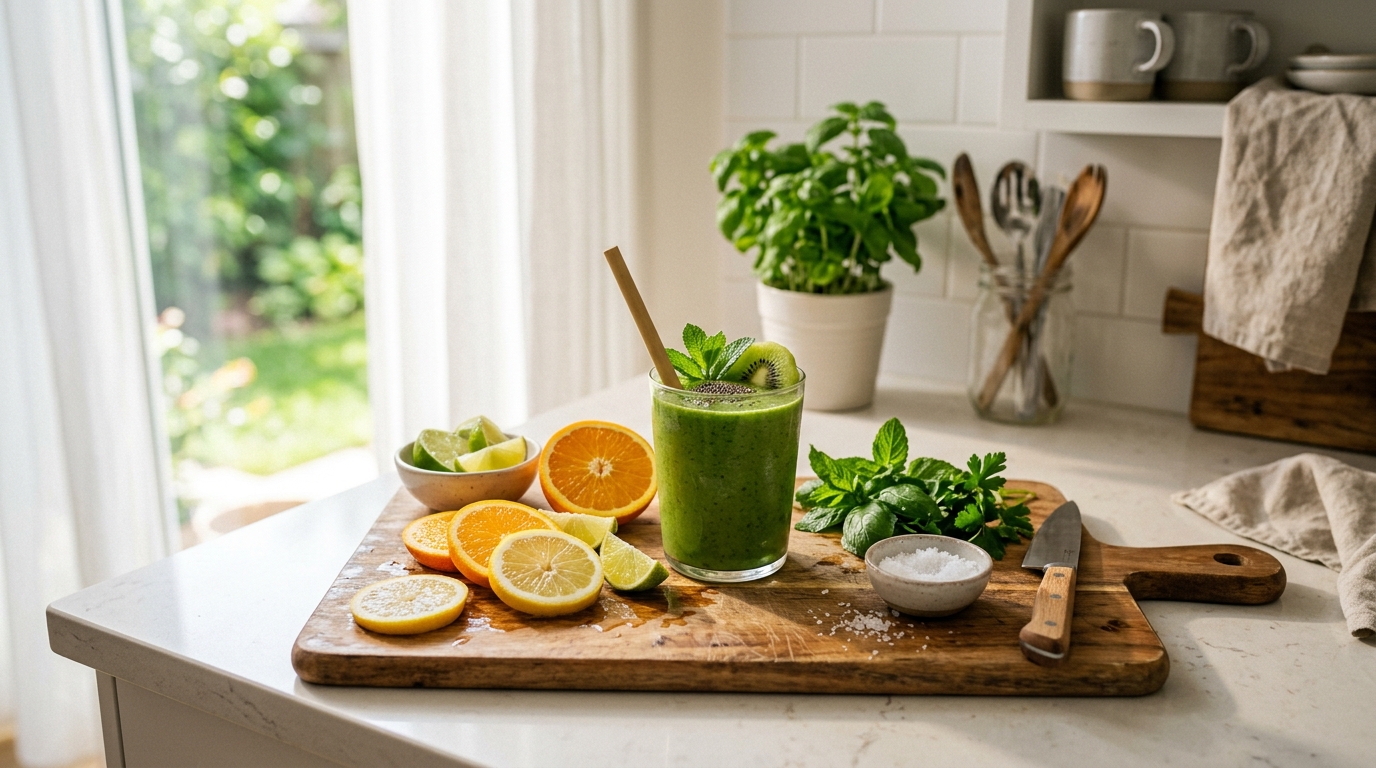 Frische Zutaten und Smoothie auf einem Holzbrett im Morgenlicht