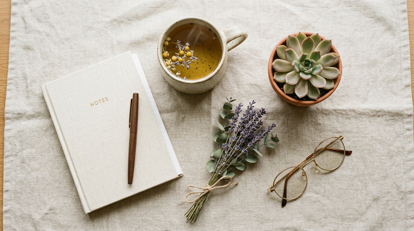 Notizbuch, Kräutertee und Pflanze auf einem hellen Tisch