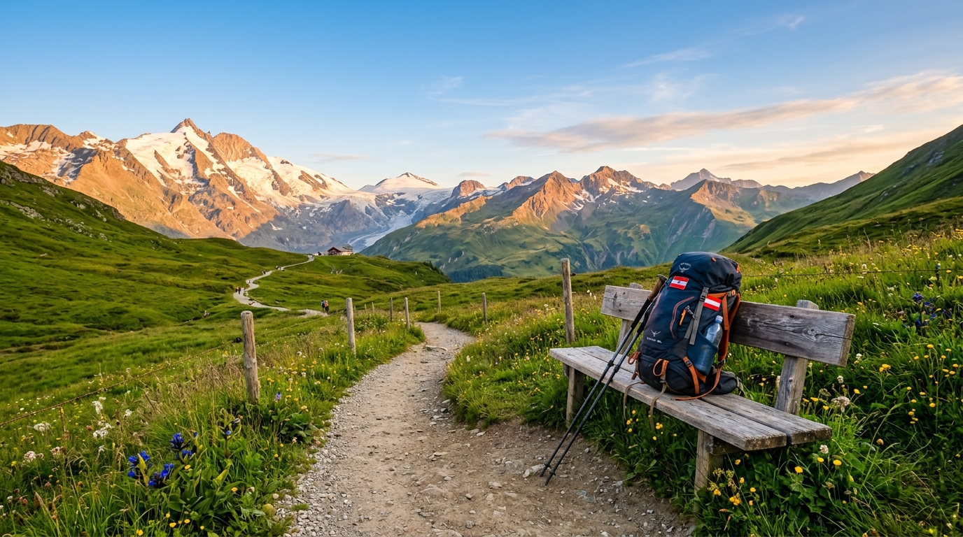 Malerischer Bergpfad in Österreich mit grünen Wiesen